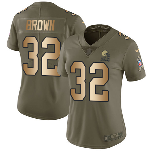 Nike Browns #32 Jim Brown Olive/Gold Women's Stitched NFL Limited Salute to Service Jersey